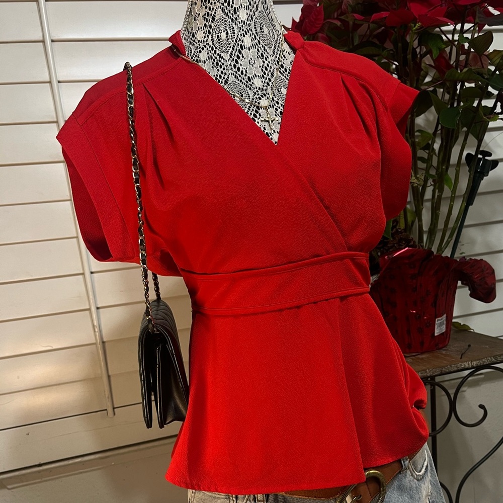 Monteau Vibrant Red V-Neck Blouse